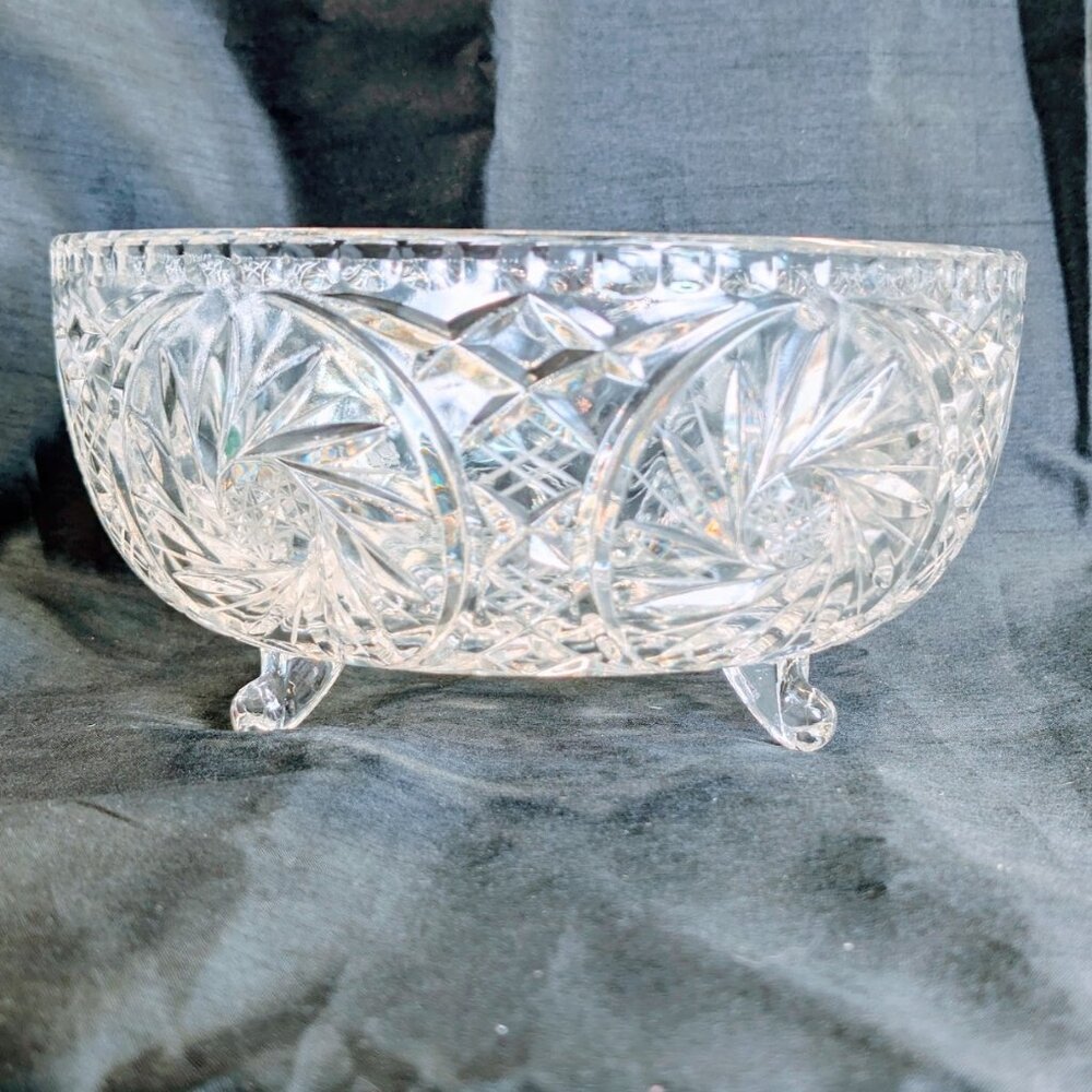 Vintage American Cut Crystal Footed Round Bowl 8”D Hobstar Pinwheel
